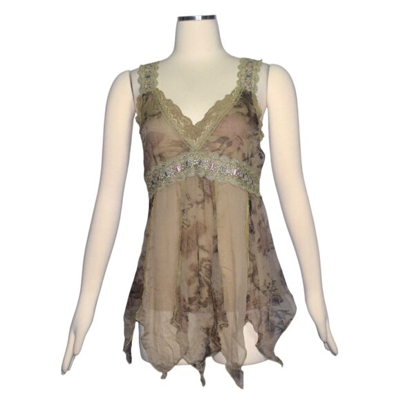 Charlotte Russe Tops - Vintage Y2k Charlotte Russe Silk Woodland Fairy Fairycore Hanky Hem Cami Top L